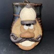 Vintage Baseball Player Man Mustache 3D Ugly Funny  Face Pottery Mug Cup Signed
