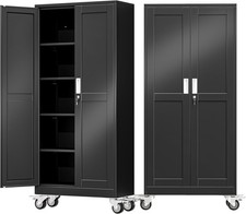 NEW 71" Tall Metal Garage Storage Cabinet with Wheels and Locking Doors and Ta