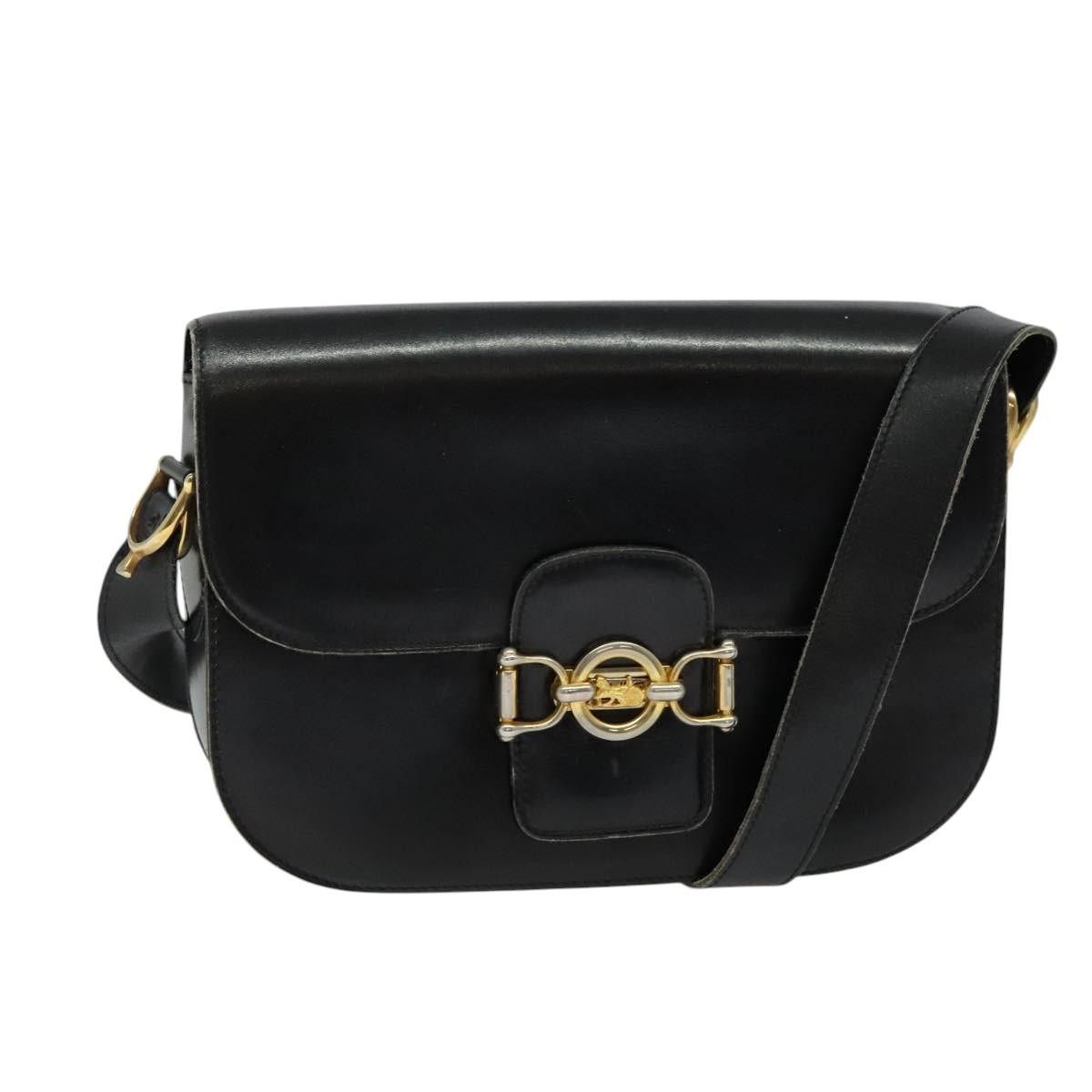 CELINE Black Gold Leather Shoulder Bag Auth 125931