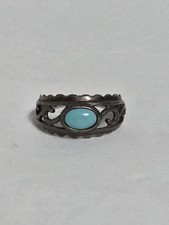 Retro Vintage 925 Sterling Silver  Blue Turquoise Filigree Ring - Sz 4.5 / 15mm