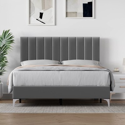Full Size Bed Frame with Adjustable Headboard, Velvet Upholstered Platform Be...
