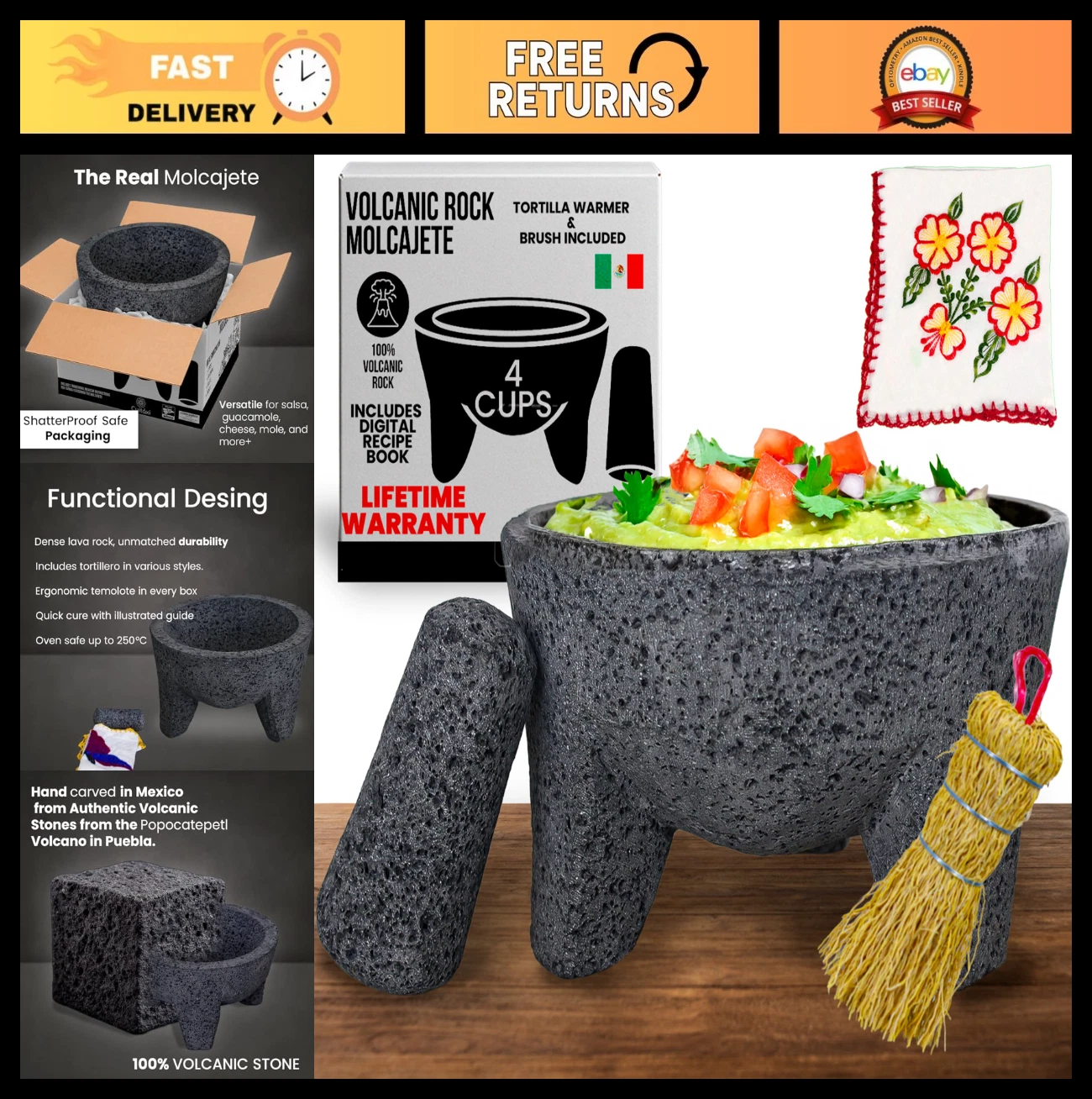 Handmade Volcanic Rock Molcajete Mortar & Pestle - Authentic Mexican Guacamole B
