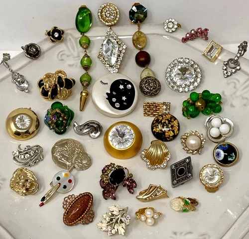 Lot Vtg Costume Jewelry Single Earrings Clip On Craft Repurpose Rhinestone M7