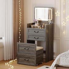 3 in 1 Vanity with Flip Top Mirror, LED Small Makeup Desk with 2 Sockets USB