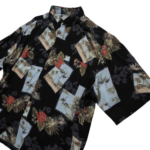 Paradise by Axis Hawaiian Shirt Mens XL Black Floral Scenic Rayon