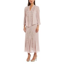 R M Richards 2 Piece Formal Dress Beaded Maxi Dress with Matching Jacket Pink