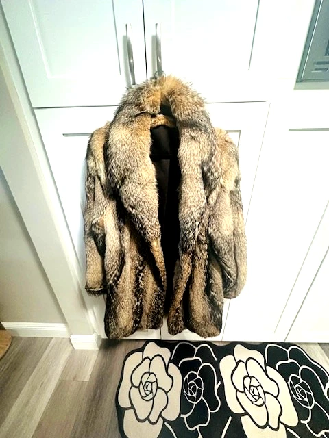 LARGO Genuino LUJOSO Cristal Gris Rojo Piel de Zorro Costa M/L Hasta la Rodilla Foto 2 de 4