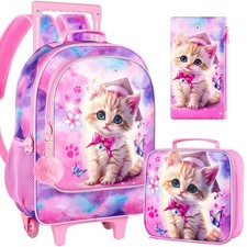 gxtvo Girls Rolling Backpack, Cute Cat Roller Wheels Kids Bookbag - Wheeled E...