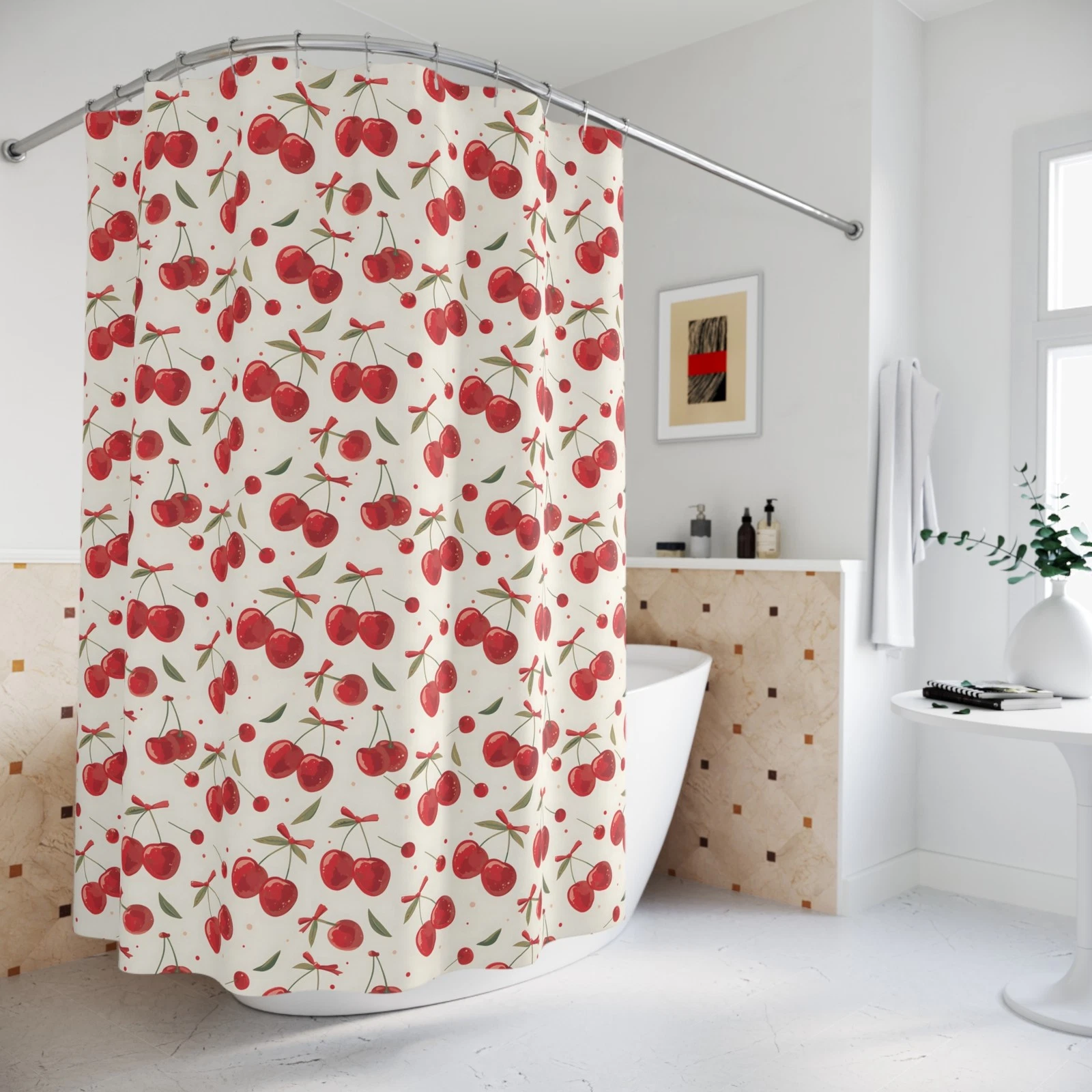 Cherry Pattern Shower Curtain, Cherry Bathroom Decor