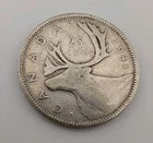 Canada 1941 25 Cents 25c Canadian Caribou Quarter Coin - 80% Silver - ASW .150oz