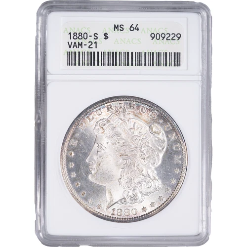 1880-S $1 Morgan Silver Dollar ~ ANACS MS 64 - VAM 21, Doubled Date - Old Holder