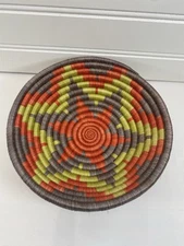 African Rwanda Woven Handmade Basket 7” Boho Wall hanging Blue Red Yellow