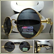 Men CLASSIC VINTAGE RETRO Steampunk Style SUN GLASSES Round Gold Frame Dark Lens