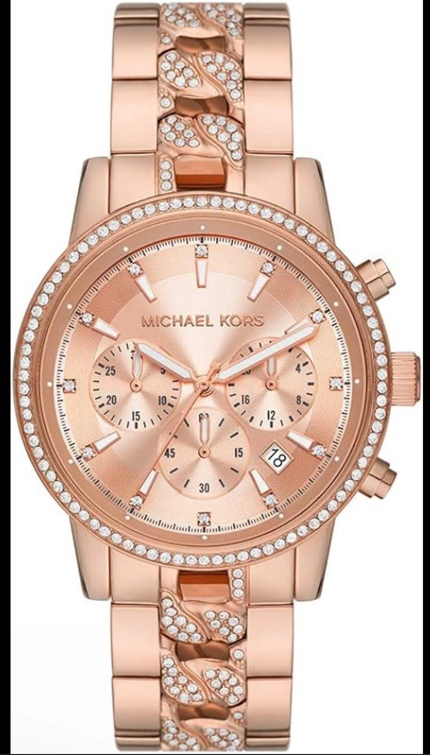 Orologio Michael Kors Ritz Donna Pavimentazione Glitz Cronografo Cinturino Oro Rosa Cristalli