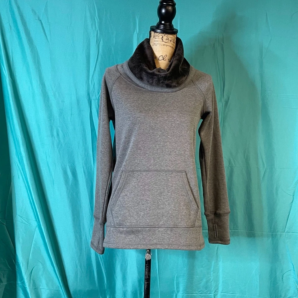 RBX Womens Sweatshirt Gray Small Faux Fur Cowl Neck Kangaroo Pocket Pullover - Image 2 of 4