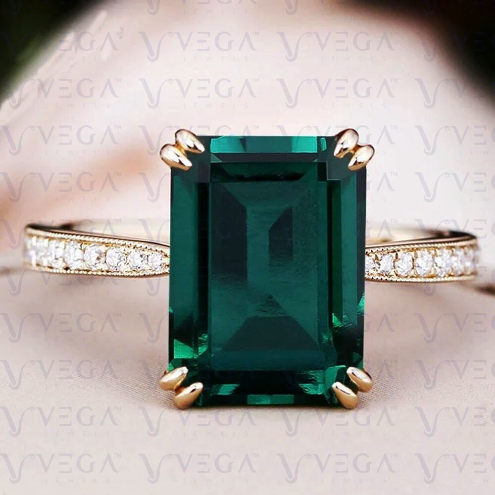 5.65Ct Emerald Natural Emerald & Diamond 100% 14k SOLID Yellow