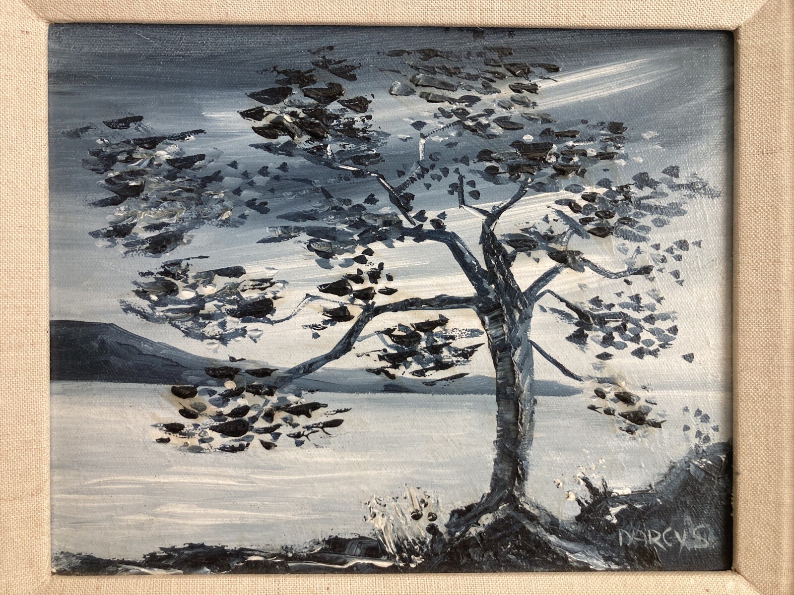 VTG Oil On Canvas Painting Mysterious Gray Tree Whimsy Goth Night Scene Signed