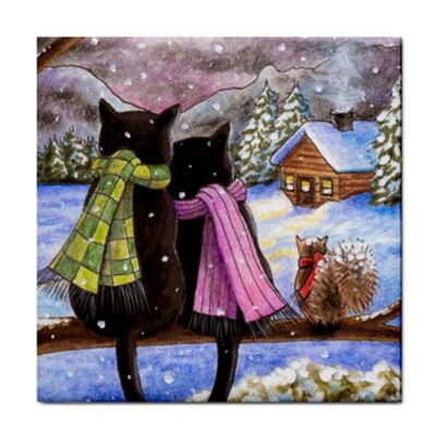 Cat Ceramic Tile 4.25 x 4.25 black Cat 585 winter Squirrel art by L.Dumas