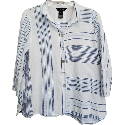 Ali Miles Multi-Directional Striped Cotton/Linen Button-Up Shirt Size PL Beachy