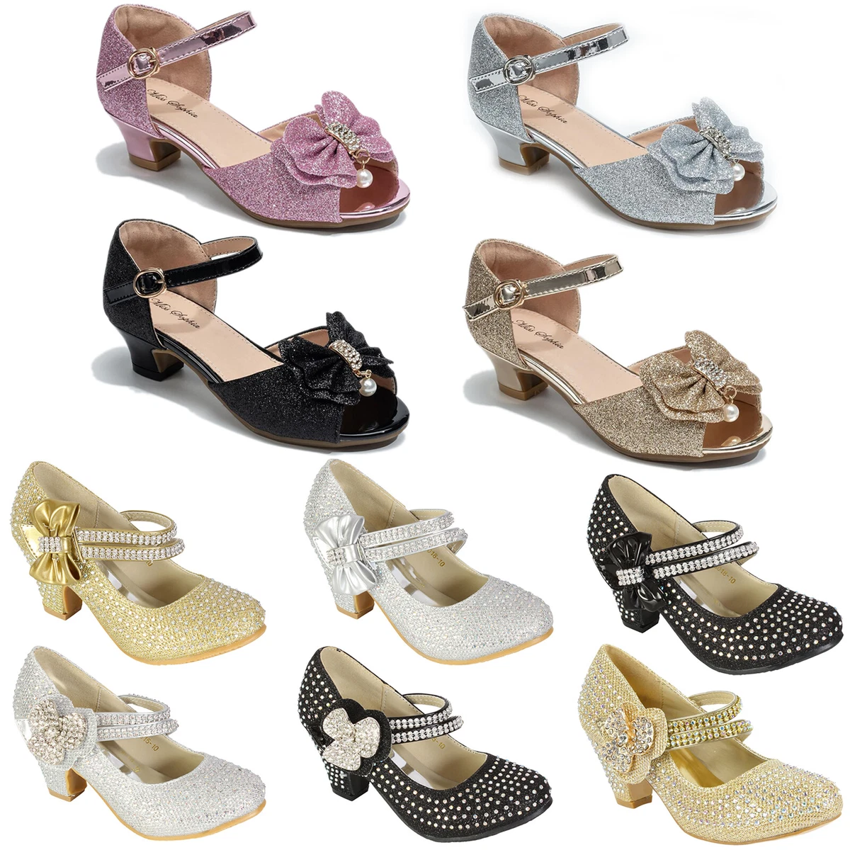 GIRLS LOW HEEL PARTY MARY JANE DIAMANTE EVENING SANDALS WEDDING COURT SHOES SIZE