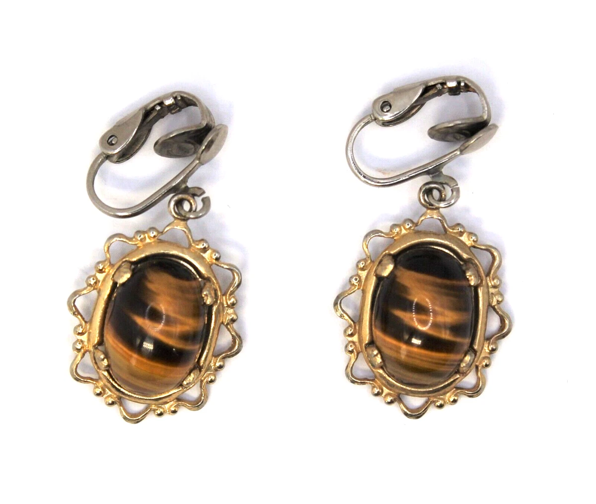 Vintage TIGER EYE Dangle Drop CLIP ON Earrings eBay