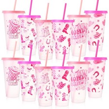 Potchen 12 Pcs Western Pink Cowgirl Plastic Cups 24 oz Reusable Glitter Tumbler
