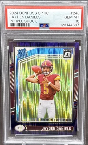 Jayden Daniels 2024 Donruss Optic #248 Rated Rookie Purple Shock PSA 10 Wash BW3