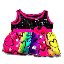 Build A Bear Dress Rainbow Heart Black Sequin Satin Pink Bow Tulle Teddy Clothes