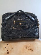 Womens Black Crocodile-Style Leather Messenger Bag Lined Inner Pocket Top Handle