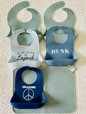 Lot Of 6 Toddle Boys Silicone Roll Bibs and Silicone Food Mat