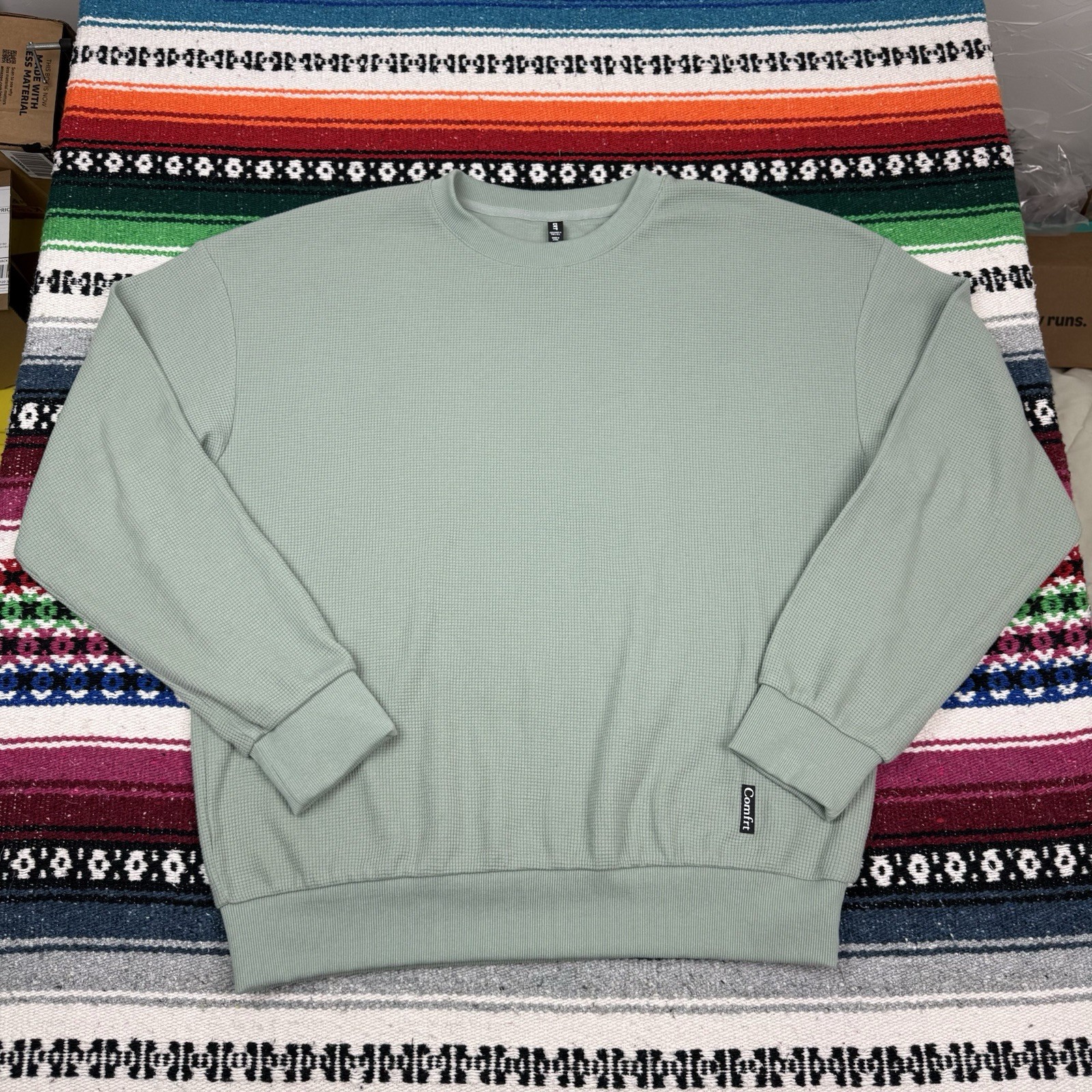 Comfrt Mens XL Seafoam Green Waffle Knit Lightweight L/S Minimalist Pullover