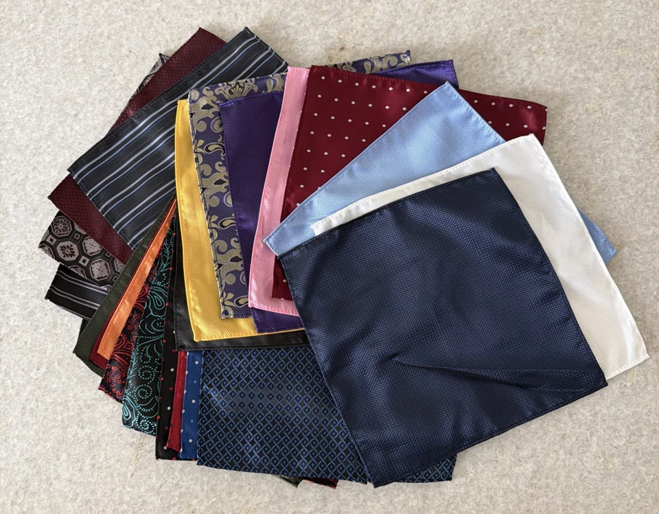 LOT OF 26 POLY/SILK 9-1/2” POCKET SQUARES LOTS OF PATTERNS & COLORS New - Image 3 of 3