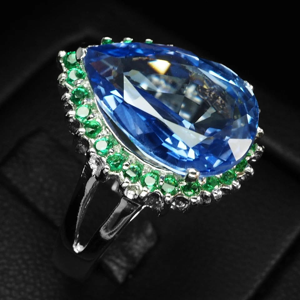 Кольцо из белого золота 925 пробы с заманчивым синим сапфиром и грушей 9,25 карата размер 5,75 - Изображение 3 из 4