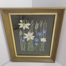 Vtg 70s Yarn Crewel Needlework Flowers Summer Meadow Wall Art Green Framed 12x8"