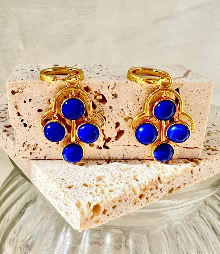 Round Cut Blue Lapis Lazuli Drop Earrings 925 Silver Women's Party Wear Earrings - Image 3 of 4