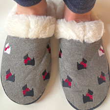 Women's Gray Novelty Mule Slippers, Slip-On Faux Fur Lined Fur Trim
