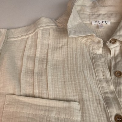 TCEC Oatmeal Ecru Cotton Gauze Blouse Oversized S Pockets Boho Coastal Resort