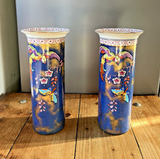 SUPERB PAIR OF ART DECO FALCON WARE PARROT BUTTERFLY MANTEL VASES CARLTON STYLE