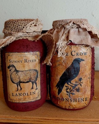 Prim Mason Jar, Vintage Style Label, Farm Animals Grubby Grungy, Lot 2