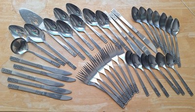 Vtg 40 Piece MCM Customcraft Stainless Fleur De Lis CUS3 Flatware Silverware