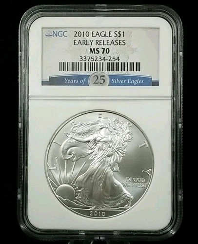 2010 Silver American Eagle $1 NGC MS70 Early Releases Blue Label 25 Years 7074