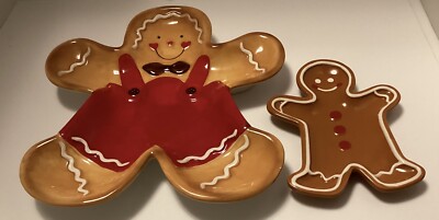 Set ;of 2 Gingerbread Man Candy Cookie Nut Dish Ceramic  Cute Christmas Decor