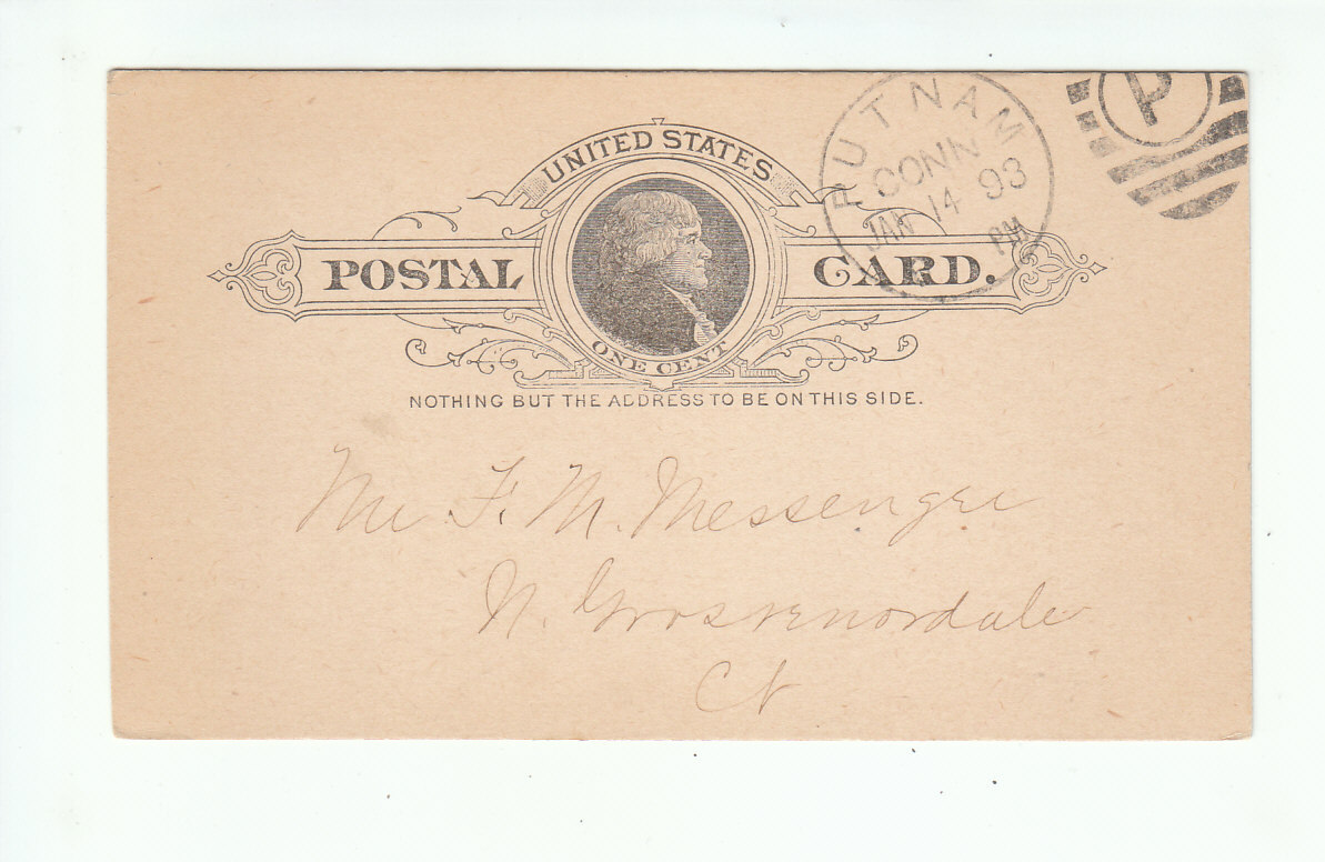 United States Postal Card Putnam Connecticut 1893 Messenger North