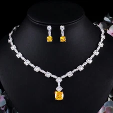 Yellow Cubic Zirconia Wedding Necklace Earrings Set Nigerian Square CZ Jewelry