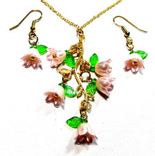 Gold Tone Light Pink Tulip Flower 18" Necklace  Pierced Earrings - NWOT  3280 