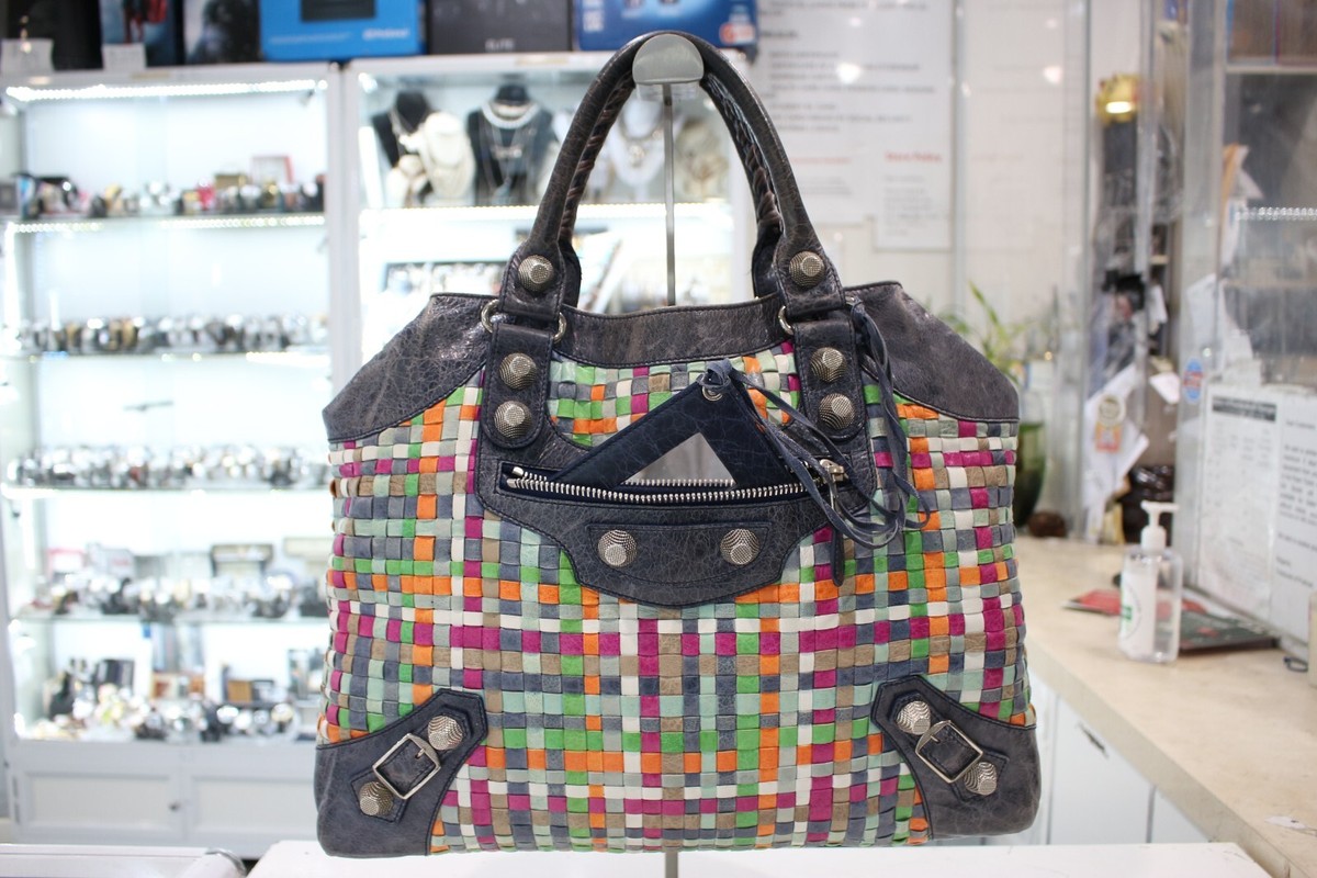 Balenciaga Multi-Color Woven Lattice Leather Handbag Purse Shoulder Bag |  eBay