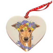 Greyhound Fawn Porcelain Floral Heart Ornament Double-sided