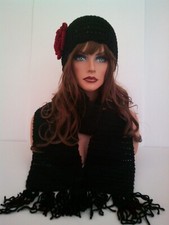 BLACK, RED FLOWERHAND CROCHET FLOWER HAT AND SCARF SET BEANIE SKULL SKI CAP TAM