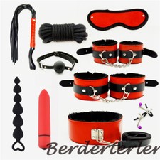 PU Leather Handcuffs Ankle Cuffs Whip Collar Set Rope Plugs Tail Women Couples
