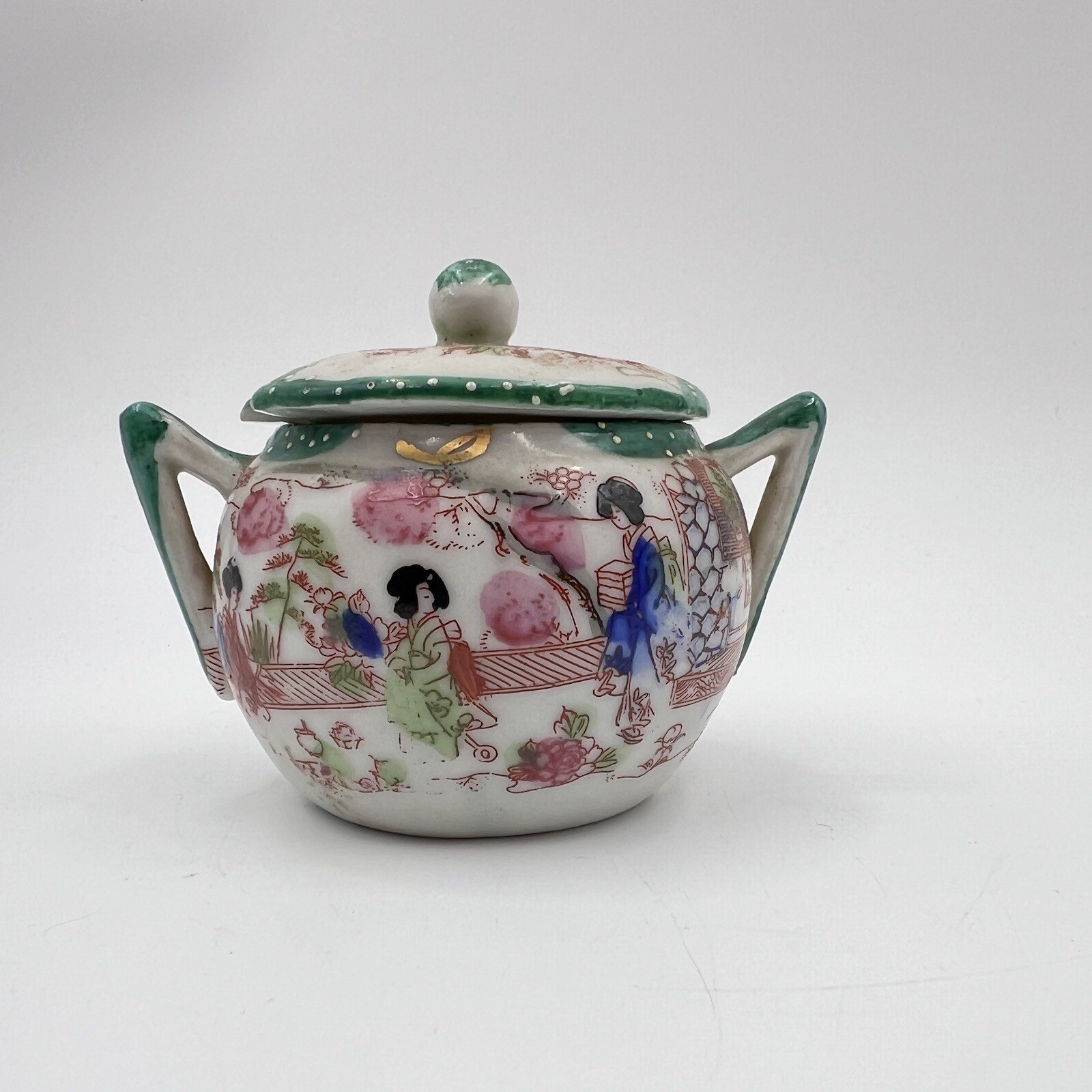 Hand Painted Japan China River Scene Set Of 2 Dishes Creamer Sugar Small Bowl